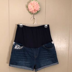 Maternity jean shorts with crochet detail